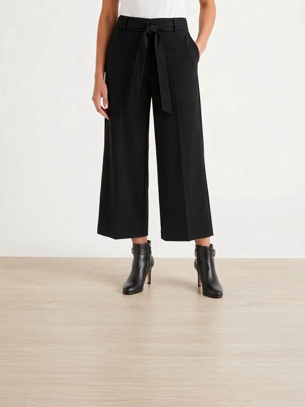 Boden Black Tie-Waist Culottes Cropped Wide Leg Trousers Size US 14R (UK 18R)